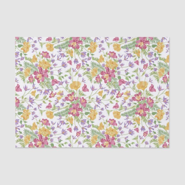 Dainty Pink and Yellow Flowers on White Decoupage Tissue Paper (Front)