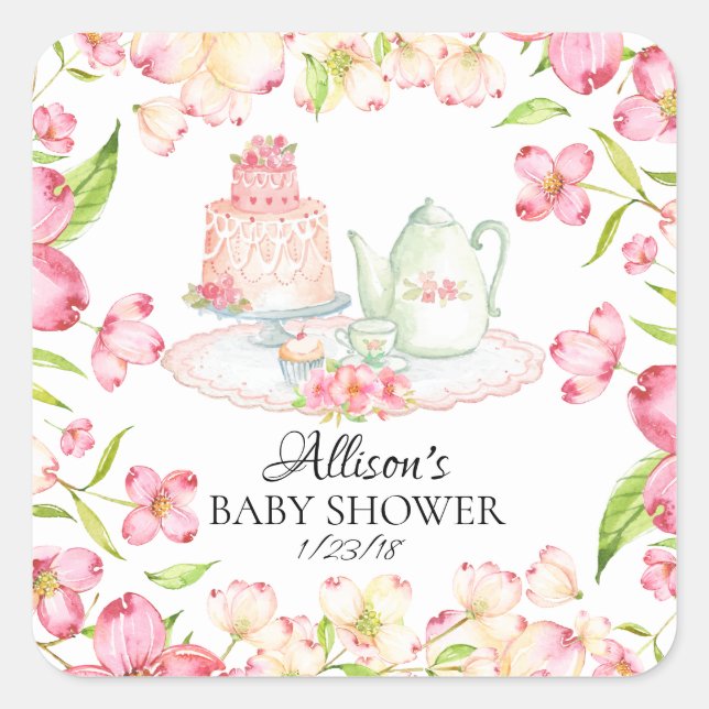 Dainty Pink Floral Baby Tea Party Envelope Seal (Front)