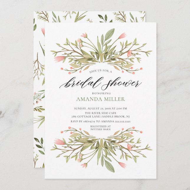 Dainty Pink Floral & Greenery Bridal Shower Invitation (Front/Back)