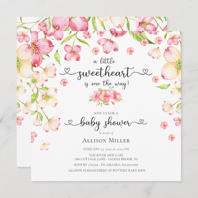 Dainty Pink Floral Sweetheart Baby Shower Invitati Invitation (Front/Back)