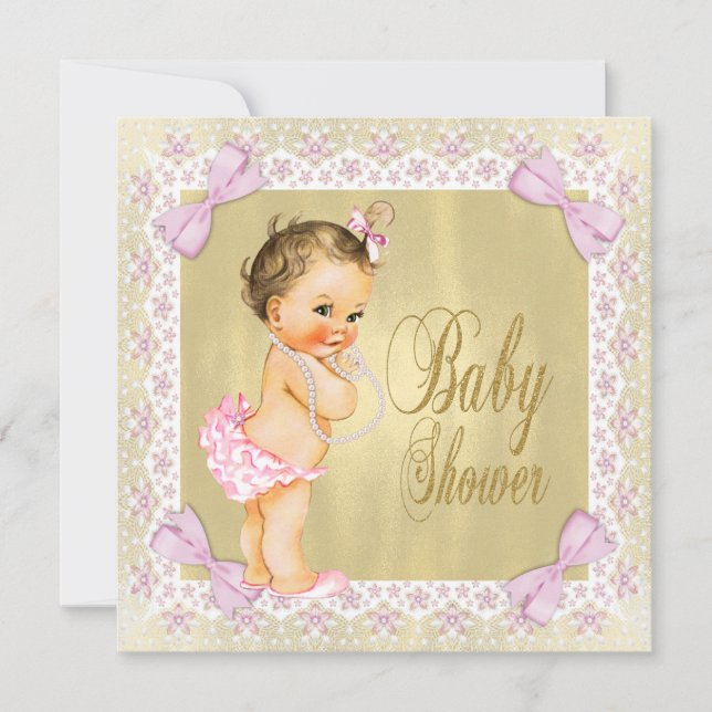 Dainty Pink Gold Foil Bow Lace Girly Baby Shower Invitation (Front)
