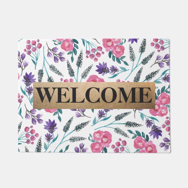 Dainty Pink Purple Sage Flower Watercolor Monogram Doormat (Front)