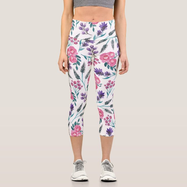 Dainty Pink Purple Sage Flowers Watercolor Capri Leggings (Front)
