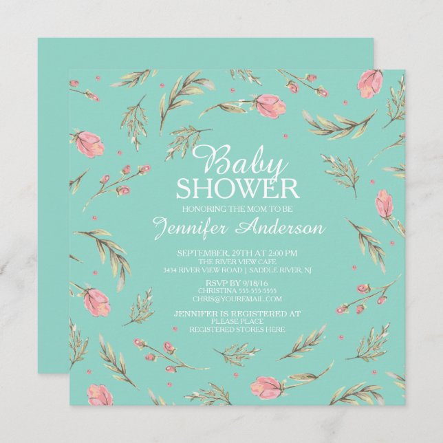 Dainty Pink Roses Girls Baby Shower Invitation (Front/Back)