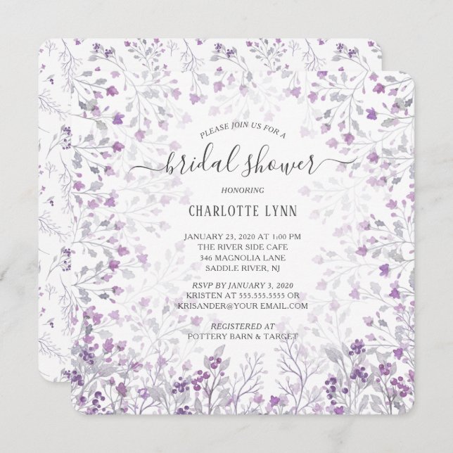 Dainty Purple Watercolor Flowers Bridal Shower Invitation (Front/Back)