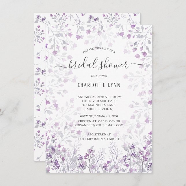 Dainty Purple Watercolor Flowers Bridal Shower Invitation (Front/Back)