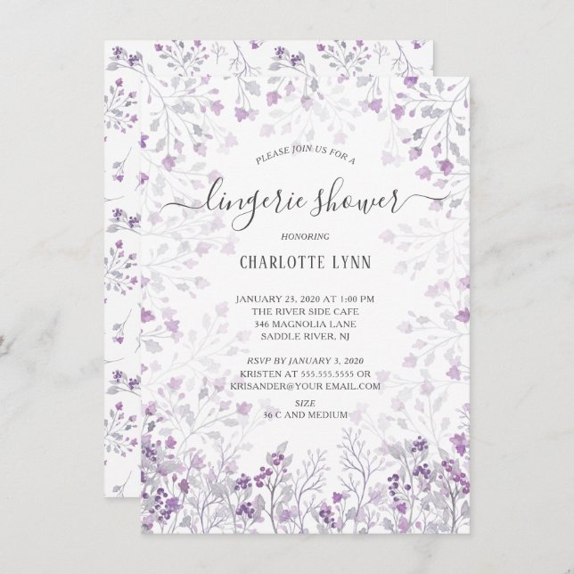 Dainty Purple Watercolor Flowers Lingerie Shower Invitation (Front/Back)