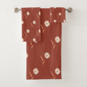 Dainty Scattered Aster Floral Rust Red Bath Towel Set