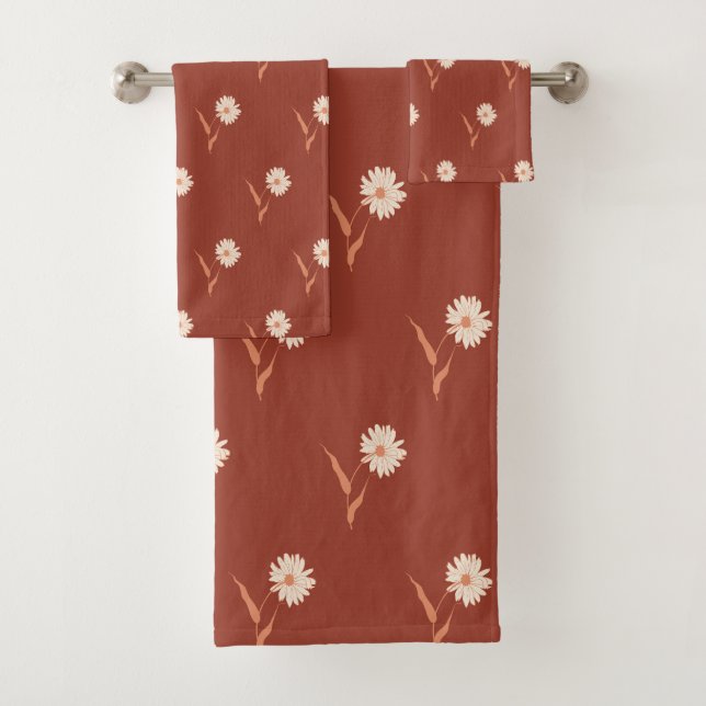 Dainty Scattered Aster Floral | Rust Red Bath Towel Set (Insitu)