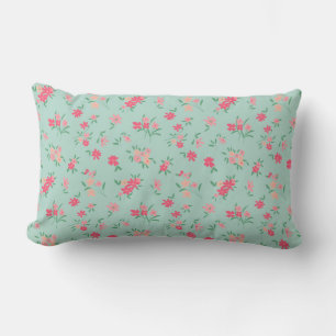  Dainty Teal Shades Pink Flowers Lumbar Cushion