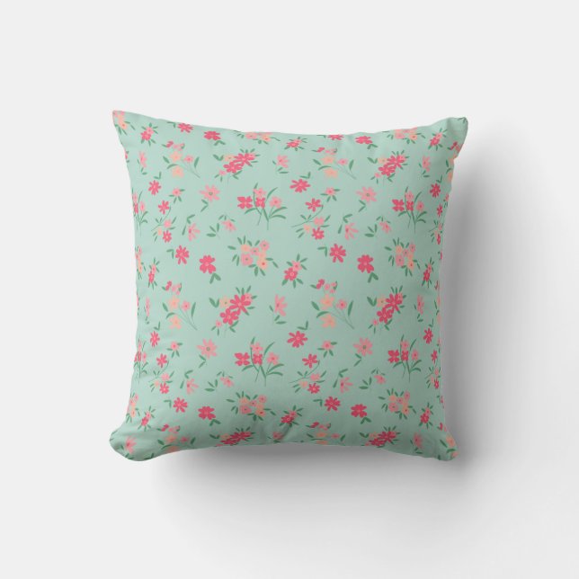  Dainty Tiny Pink Flowers On Teal Cushion (Front)