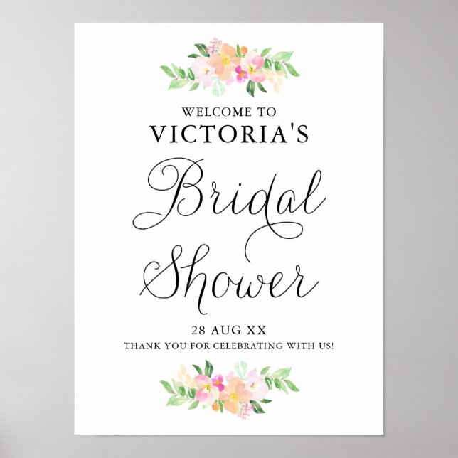 Dainty Watercolor Florals Bridal Shower Welcome Poster (Front)