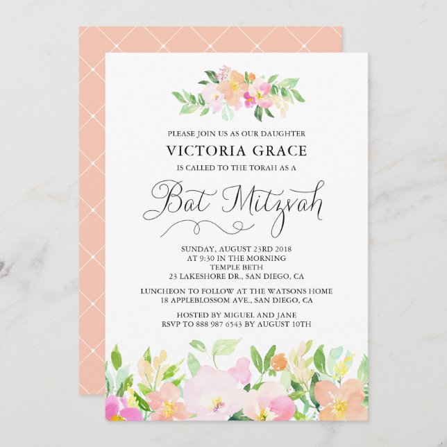 Dainty Watercolor Flowers Bat Mitzvah Invitation (Front/Back)