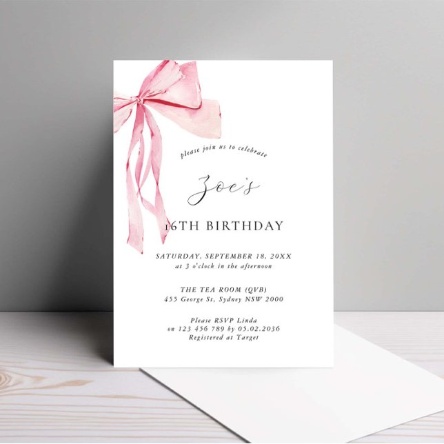 Dainty Watercolor Pink Bow 16th Birthday Invitation (Creator Uploaded)