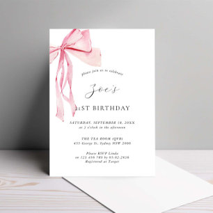 Dainty Watercolor Pink Bow 21st Birthday Invitation