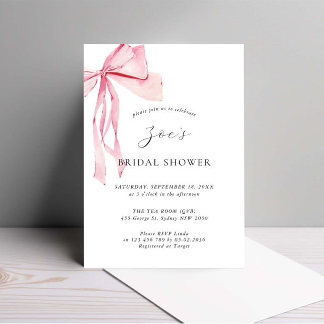 Dainty Watercolor Pink Bow Bridal Shower Invitation (Creator Uploaded)