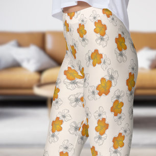 Dainty White Linen Triple Bloom Floral Pattern Leggings