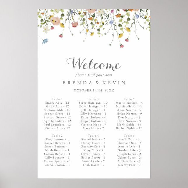Dainty Wild Floral Alphabetical Seating Chart (Front)