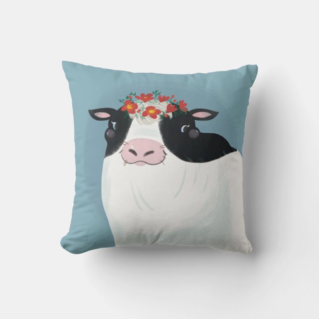 Dairy Cow and Red Flower Crown Cushion (Front)