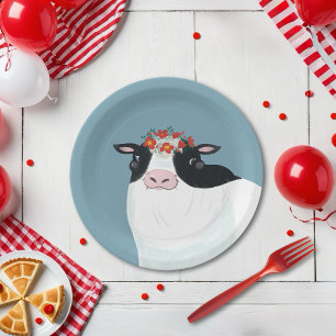 Dairy Cow and Red Flower Crown Paper Plate