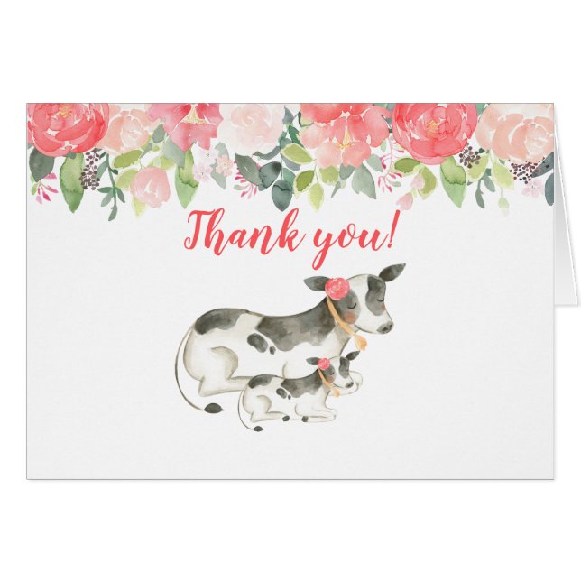 Dairy Cow Floral Peony Folded Thank you Notes (Front Horizontal)