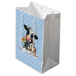 Dairy Cow Happy Birthday Blue Medium Gift Bag