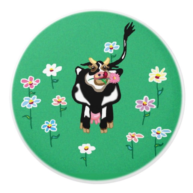 Dairy cow in a field of flowers ceramic knob (Front)