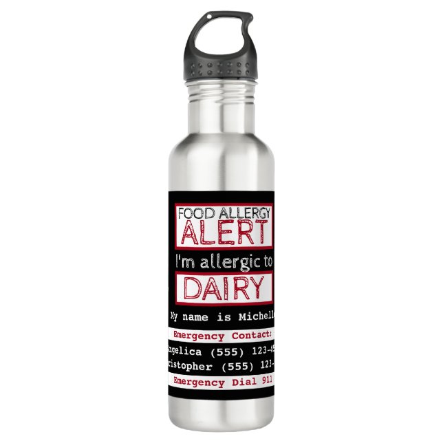 Dairy Food Allergy Alert Label Water Bottle (Front)
