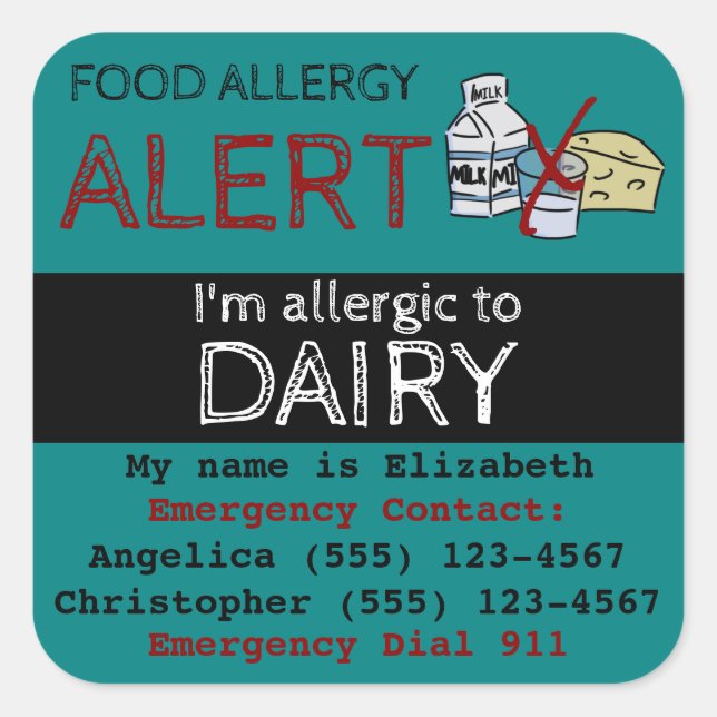 Dairy Food Allergy Alert Sticker Teal (Front)