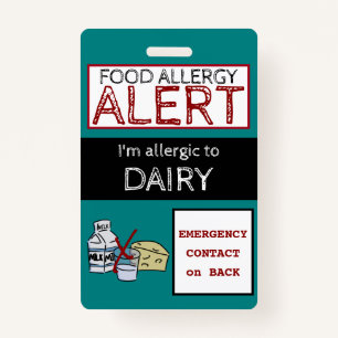 Dairy Food Allergy Alert Teal Label ID Badge