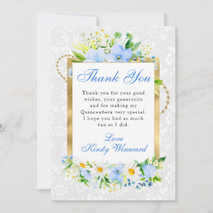 Daisies and Blue Flowers Gold Frame Quinceanera Thank You Card