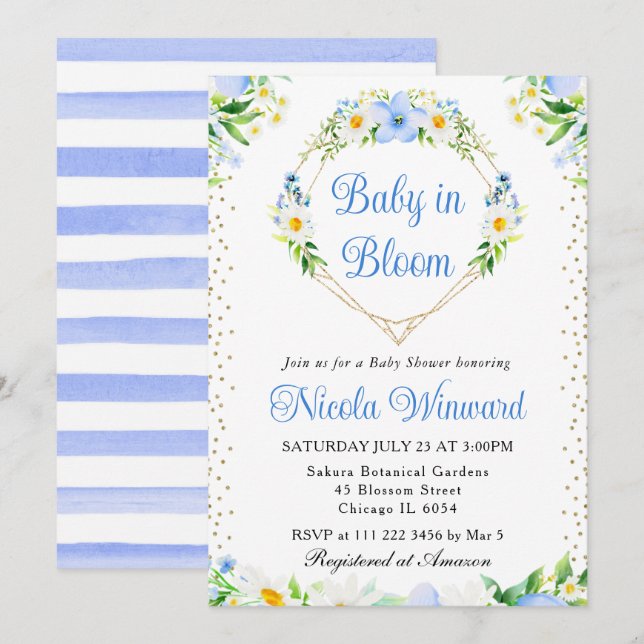 Daisies and Blue Flowers Heart Wreath Baby Shower Invitation (Front/Back)