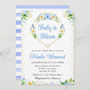 Daisies and Blue Flowers Heart Wreath Baby Shower Invitation