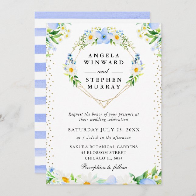 Daisies and Blue Flowers Heart Wreath Wedding Invitation (Front/Back)