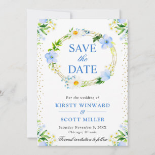 Daisies and Blue Flowers Wreath Wedding Save The Date