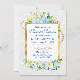 Daisies and Blue Summer Flowers Gold Foil Sweet 16 Invitation