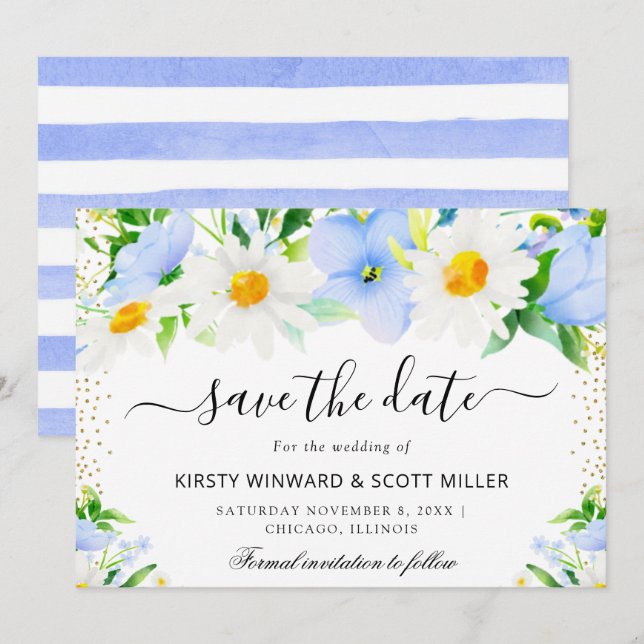 Daisies and Blue Summer Flowers Wedding Save The Date (Front/Back)