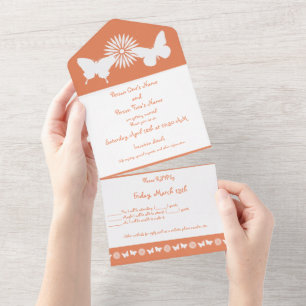 Daisies and Butterflies in Coral All In One Invitation