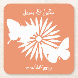 Daisies and Butterflies in Coral Paper Coaster