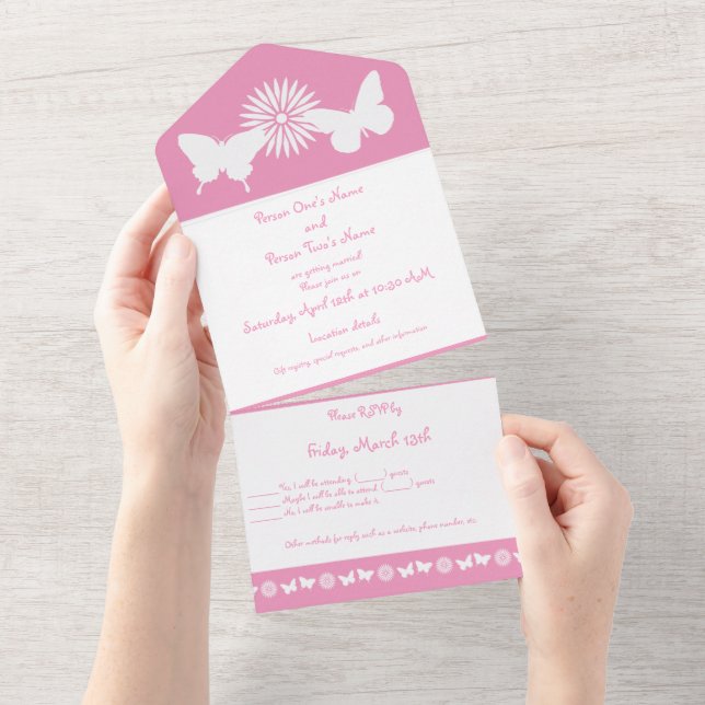 Daisies and Butterflies in Petal Pink All In One Invitation (Tearaway)