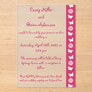 Daisies and Butterflies in Raspberry Wedding Acrylic Invitations