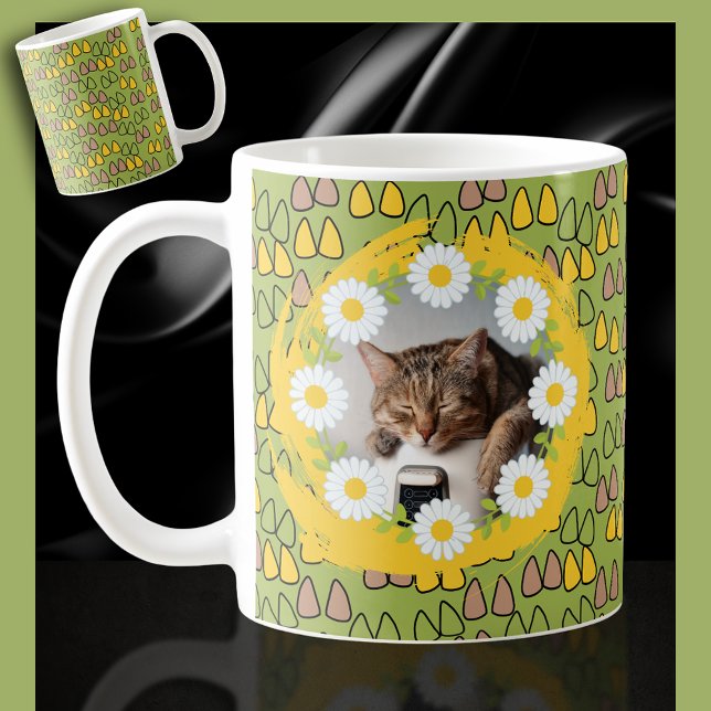 Daisies and Cat Ears on a Green Coffee Cat Coffee Mug (Creator Uploaded)