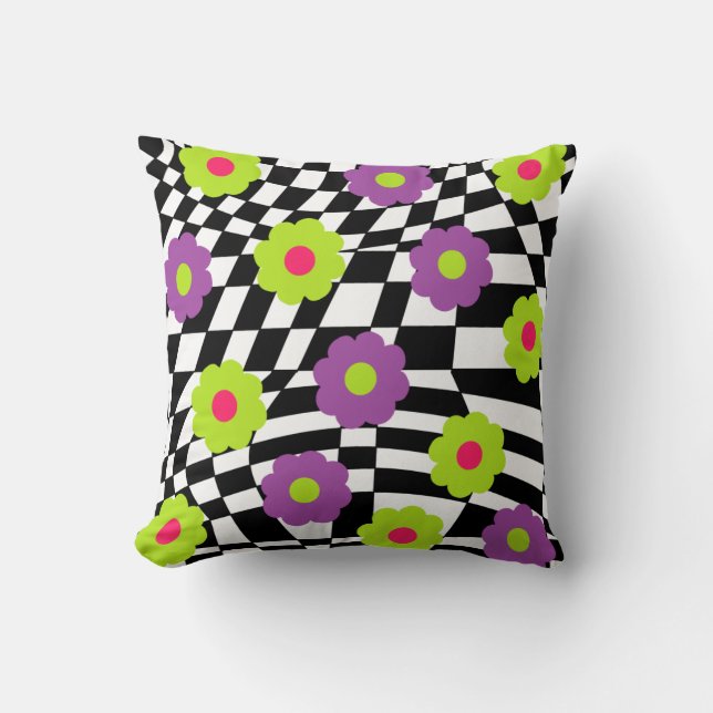 Daisies and Checkers Throw Pillows Mod Pillow (Front)