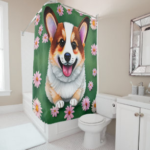 Daisies and Corgi Shower Curtain