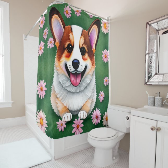 Daisies and Corgi Shower Curtain (In Situ)