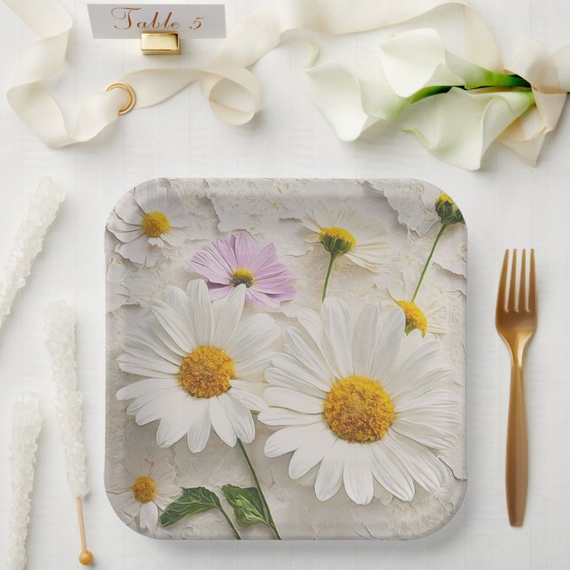 Daisies and Cosmos On Distressed Paper Paper Plate (Wedding)