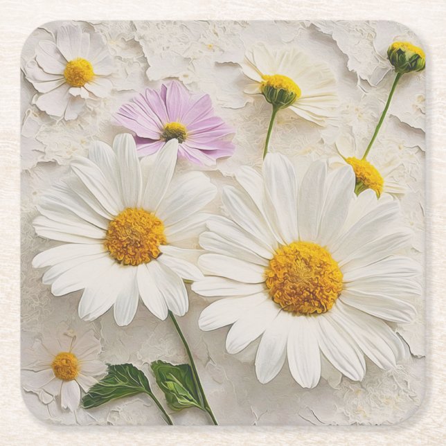 Daisies and Cosmos On Distressed Paper Square Paper Coaster (Front)