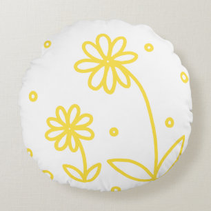 Daisies and Dots 2 - Lemon Yellow and White Round Cushion