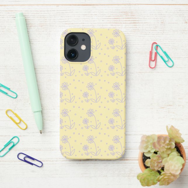 Daisies and Dots 2 - Pastel Yellow and Purple iPhone Case (On Desk)