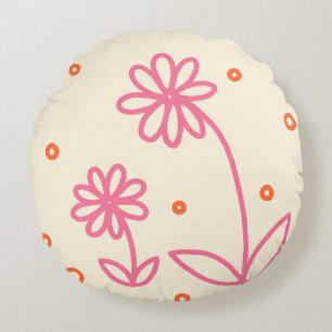 Daisies and Dots 2 - Pink, Orange and Cream Round Cushion